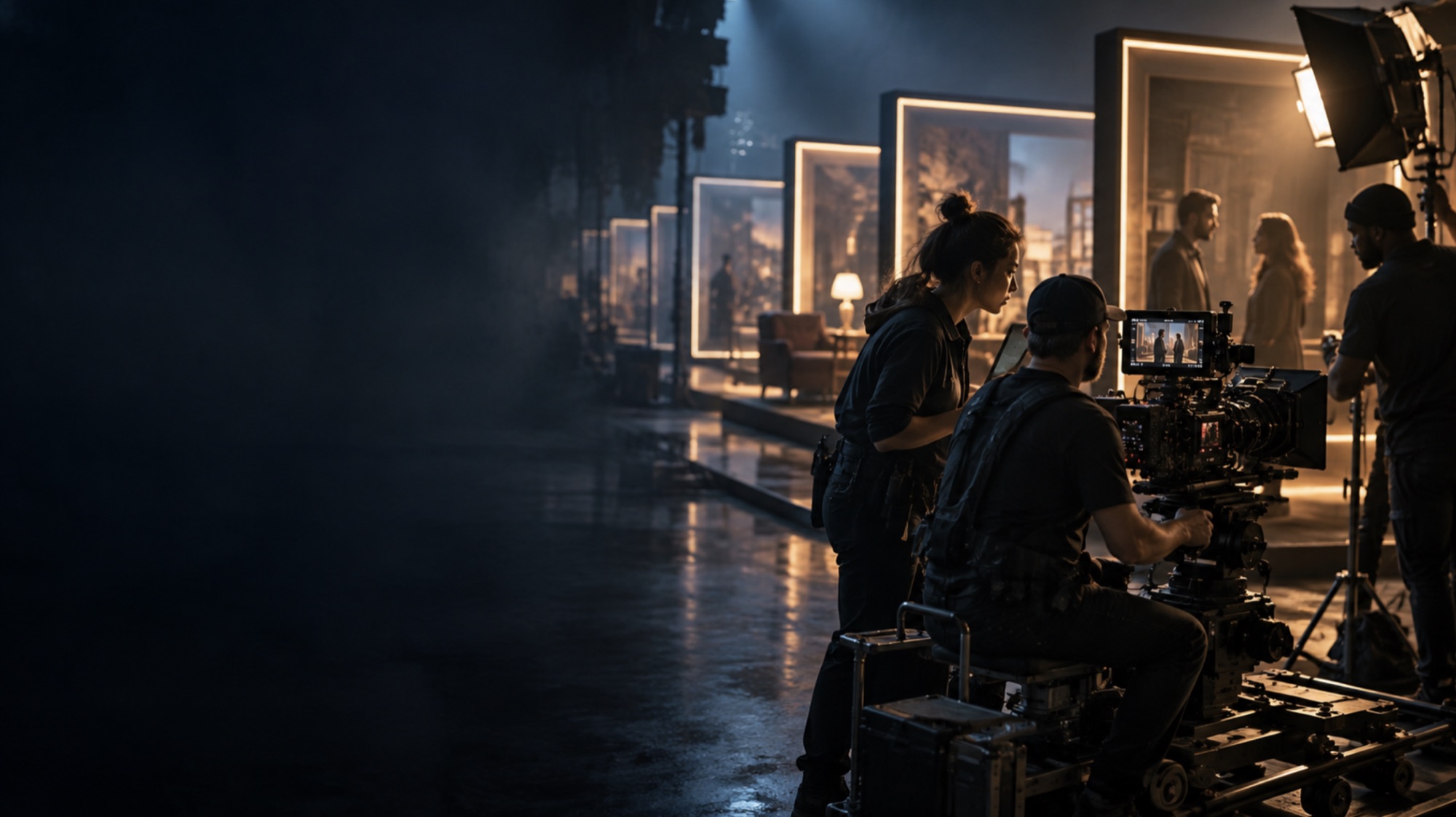 Camera crew on a darkened soundstage, filming actors on a lit set